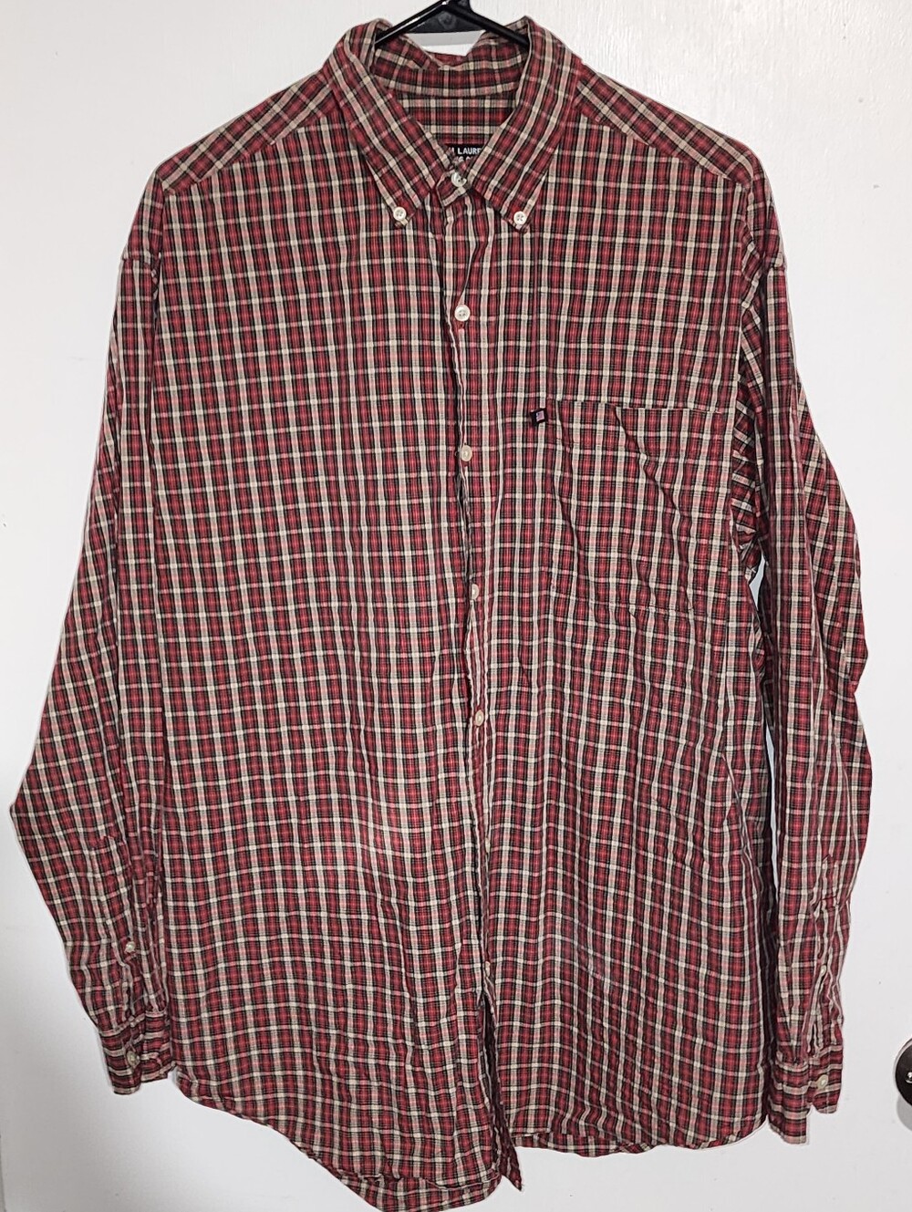 Ralph Lauren Vintage Men’s Red and Green Plaid Button-Down Shirt